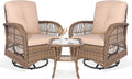 VIVIJASON 3-Piece Outdoor Conversation Bistro Set, Patio Swivel Glider Rocking Chairs Rattan Furniture Sets w/ 2 Rattan Chairs, Cushions, Glass Top Side Table for Porch Backyard, Light Brown