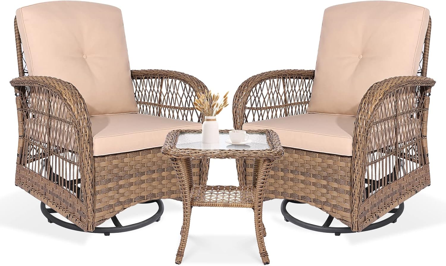 VIVIJASON 3-Piece Outdoor Conversation Bistro Set, Patio Swivel Glider Rocking Chairs Rattan Furniture Sets w/ 2 Rattan Chairs, Cushions, Glass Top Side Table for Porch Backyard, Light Brown