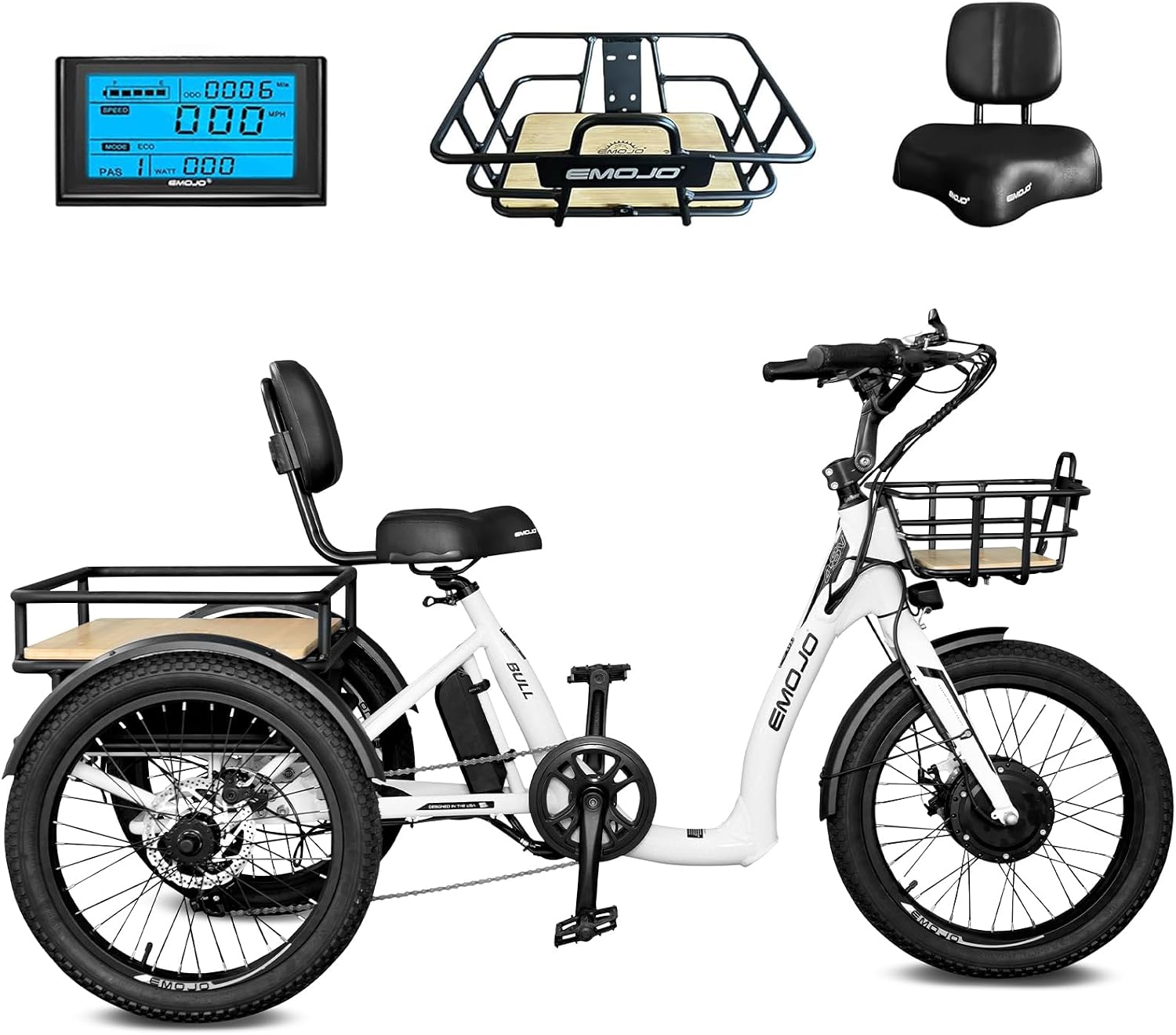 EMOJO Bull Trail 8.5' Low Step Through Electric Tricycle for Adults Up to 100 Miles Long Range Ebike Trike with Differential 500W 7 Speed 20MPH Three Wheel Electric Bike