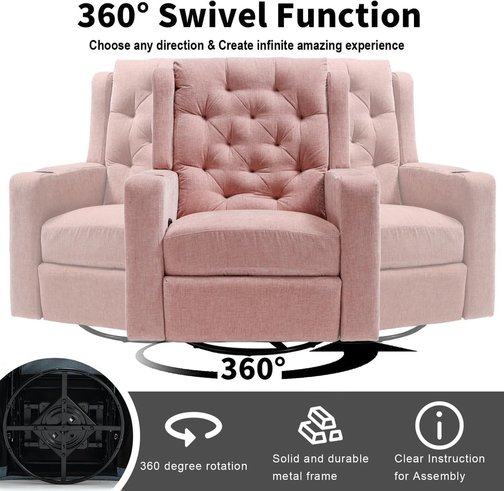 Oversized Swivel Rocker Recliner Chair Wide Seat Heavy Duty Fabric Reclining Chair, Tufted Manual Rocking Glider Chair Recliner for Nursery, Pink