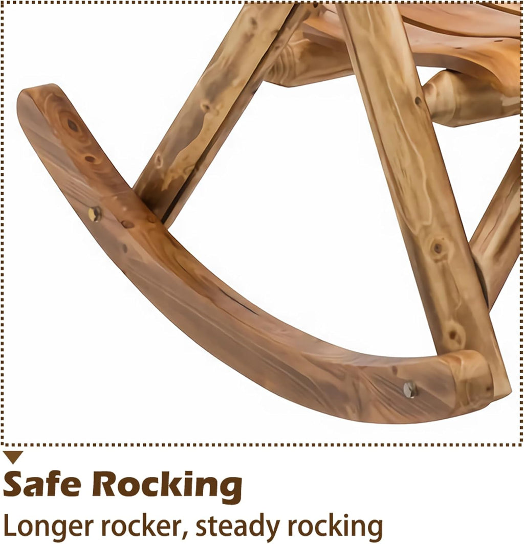 DJL Wooden Rocking Chair Log Outdoor Rocker Outside Patio Lawn Furniture Living Room Porch Comfy Beach Balcony, Heavy Duty, Lightly Toasted