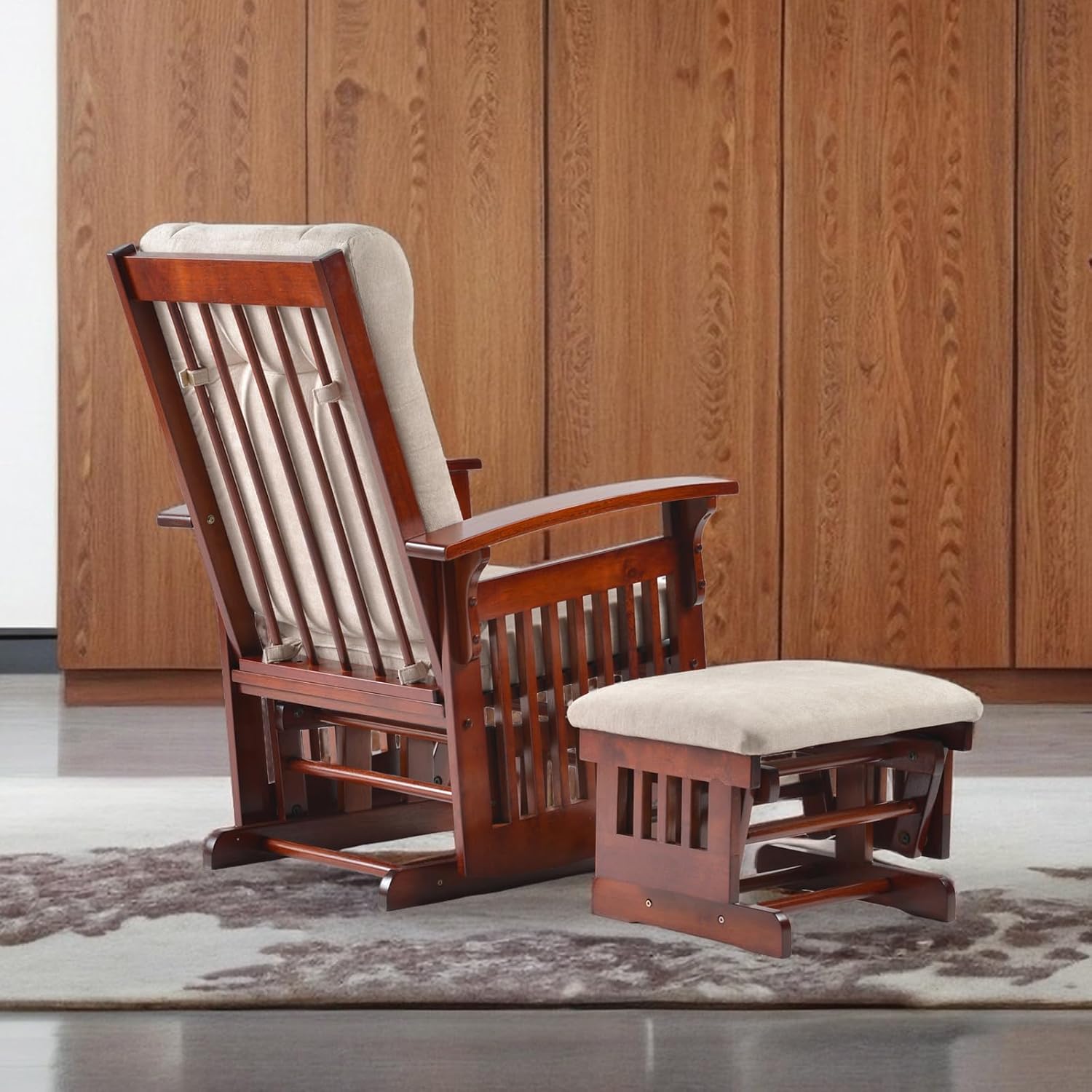 Rustic Glider Chair for Nursery with Ottoman, Resistant Rubber Wood Nursery Glider and Ottoman Sets for Relaxing, Rocking Chair for Living Room Bedroom, Cream White