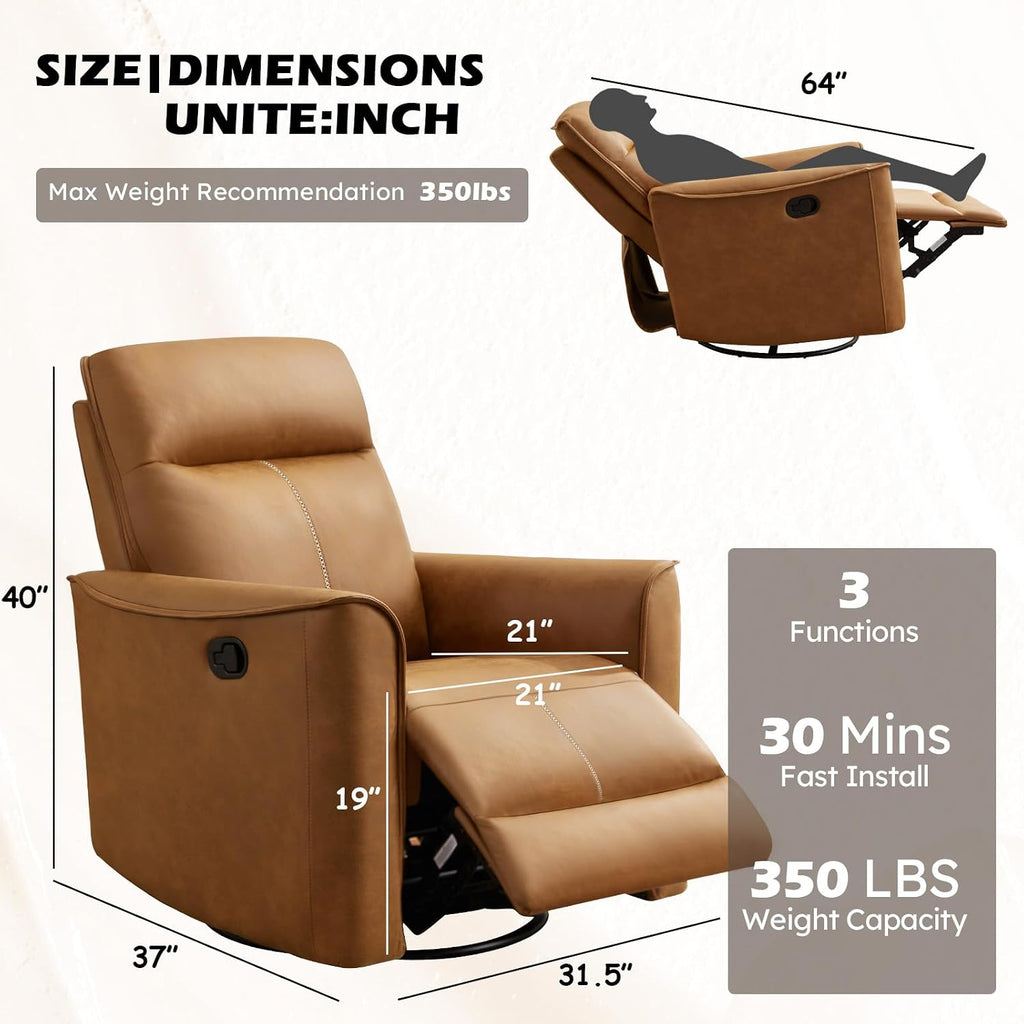 ANJ Manual Swivel Rocker Recliner, Glider Recliners with Padded Armrest and Backrest, Soft Faux Leather Nursery Rocking Recliner Chair Reclining Sofa for Living Room