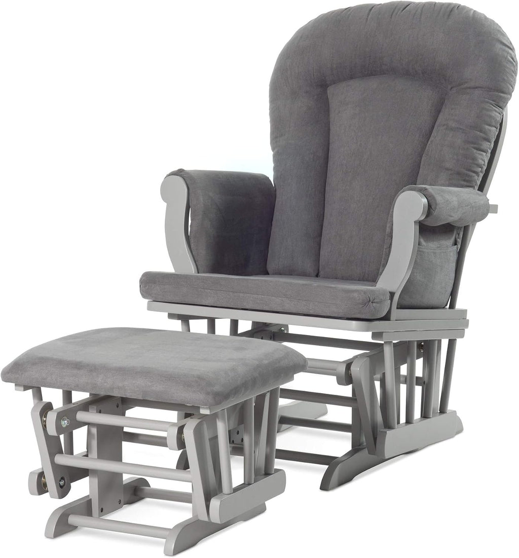 Child Craft Cozy Glider Rocker and Ottoman Set, Smooth Quiet Gliding Motion, Padded Cushion with Convenient Storage Pockets, Solid Wood Base & Frame (Cool Gray with Dark Gray Cushion)