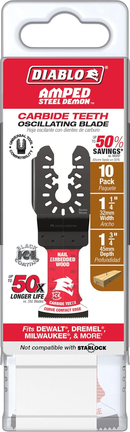 Diablo Amped Demo Demon Universal Fit Carbide Oscillating Blade for Nail-Embedded Wood - 1-1/4' Cutting Width, 1-3/4' Cutting Depth, 10-Pack - DOU125CW10