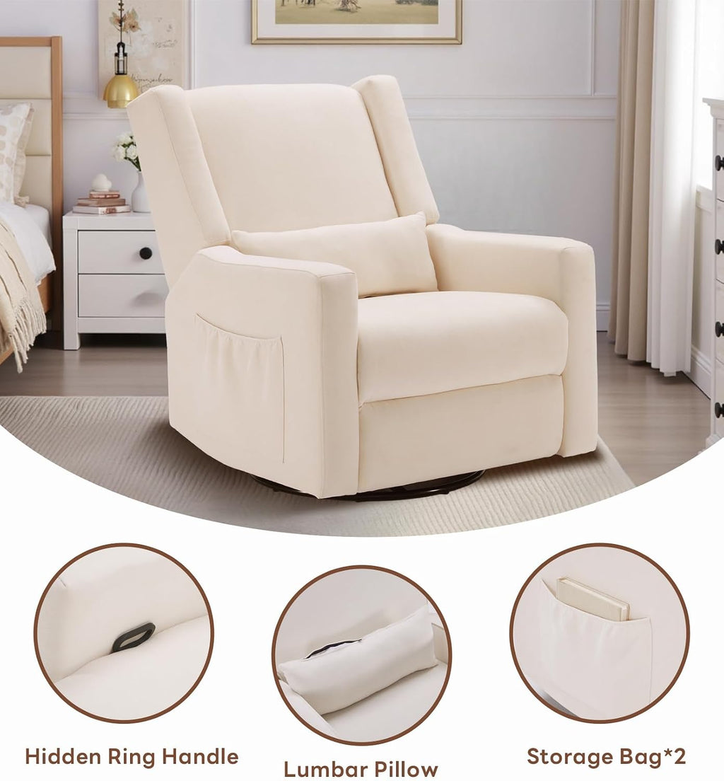 Tbfit 360° Swivel Recliner Chair, Nursery Rocking Chair with Lumbar Support & Footrest for Bedroom, Comfy Upholstered Armchair with Pillows & Storage Bag for Living Room (Beige, Hidden Ring Handle)
