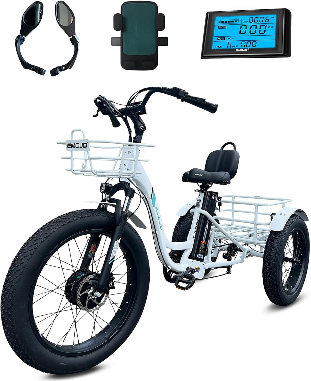 EMOJO Caddy Pro 500W 20 x 4.0 Inch Fat Tire Electric Tricycle for Adults Hydraulic Disk Brakes Ebike Trike 7 Speed Pedal Assist 3 Wheel Electric Bike with 48V 15.6Ah Battery (White)