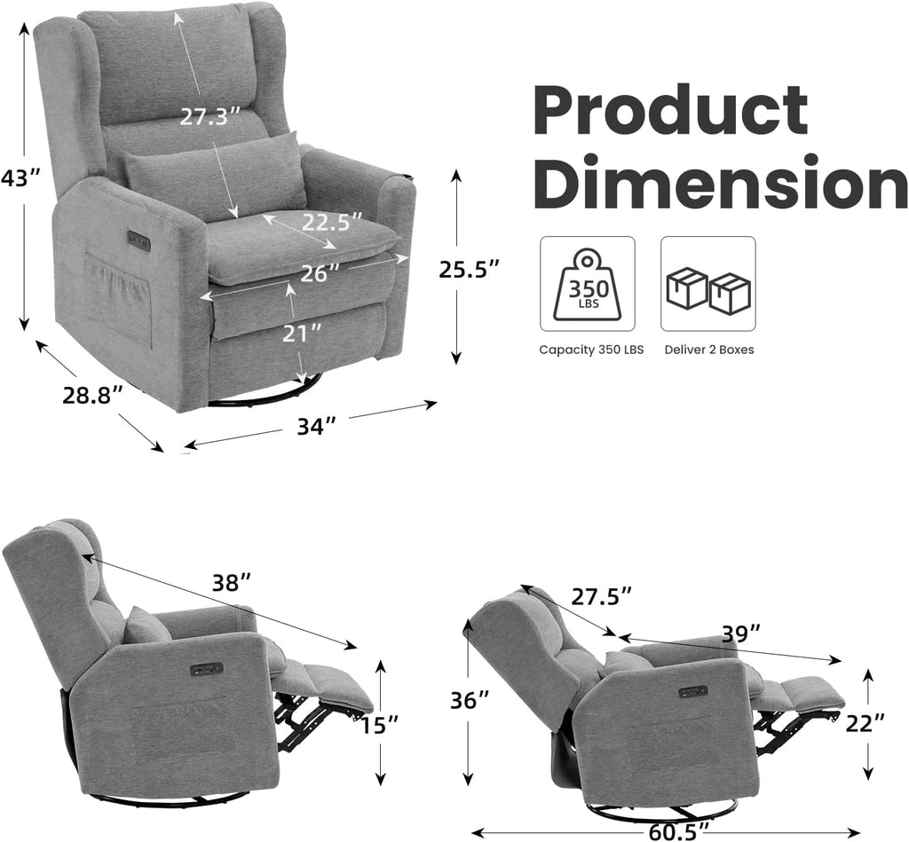 Power Recliner Chair,Oversized Swivel Rocker Recliner with Adjustable Headrest,Nursery Rocking Chair with Lumbar Cushion for Living Room,Grey
