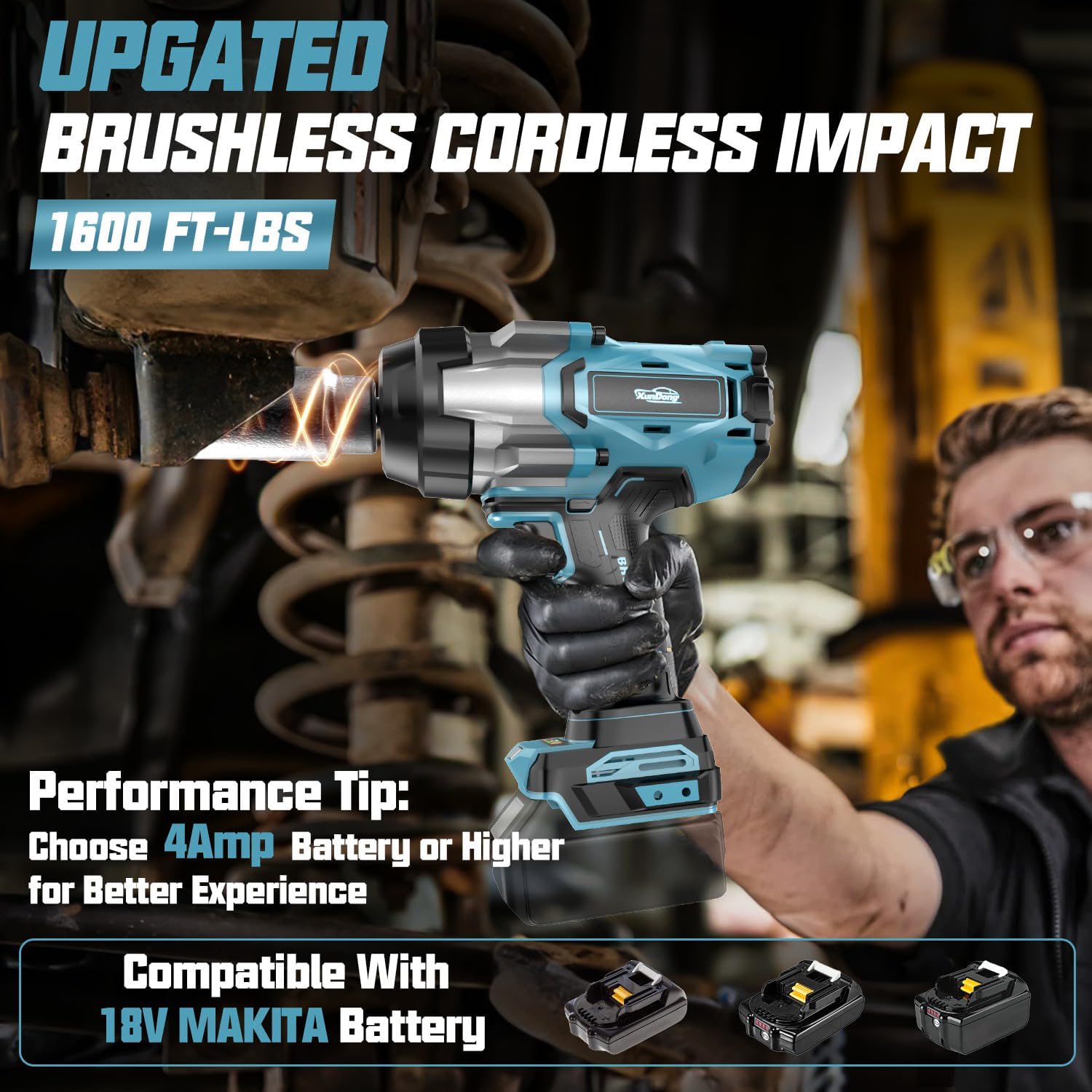 Cordless Impact Wrench 1/2' Compatible with Makita 18V Battery, 1600Ft-lbs(2200N.m) High Torque Impact Gun Heavy Duty, Brushless Electric Power Impact Driver with 4 Speed Modes & LED Work Light