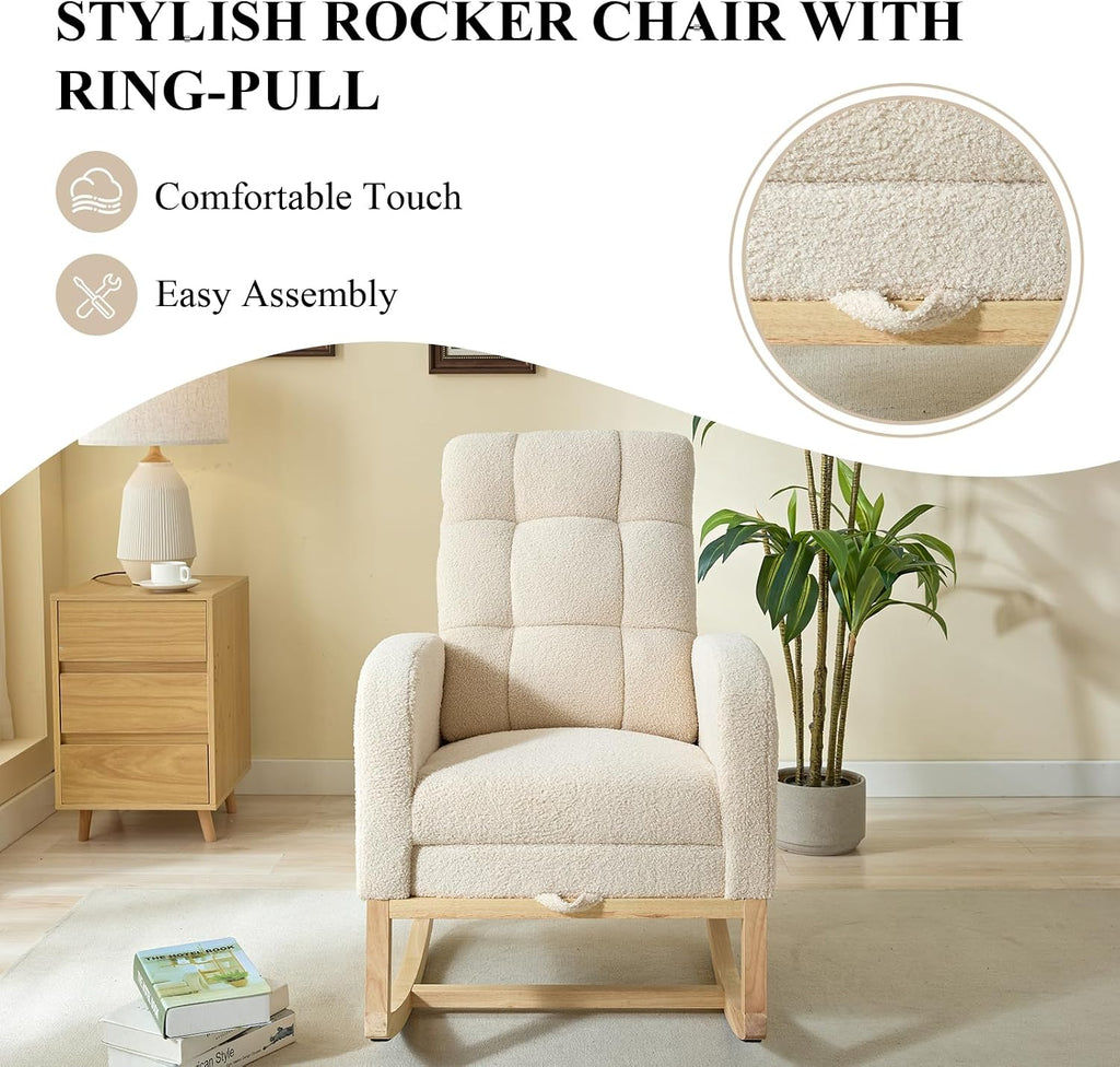 Nursery Rocking Chair, Polyester Upholstered Glider Chair with Footrest, Comfy Rocker Chair, Accent Chair with High Backrest, Glider Rocker, Armchair for Living Room (Beige Teddy)