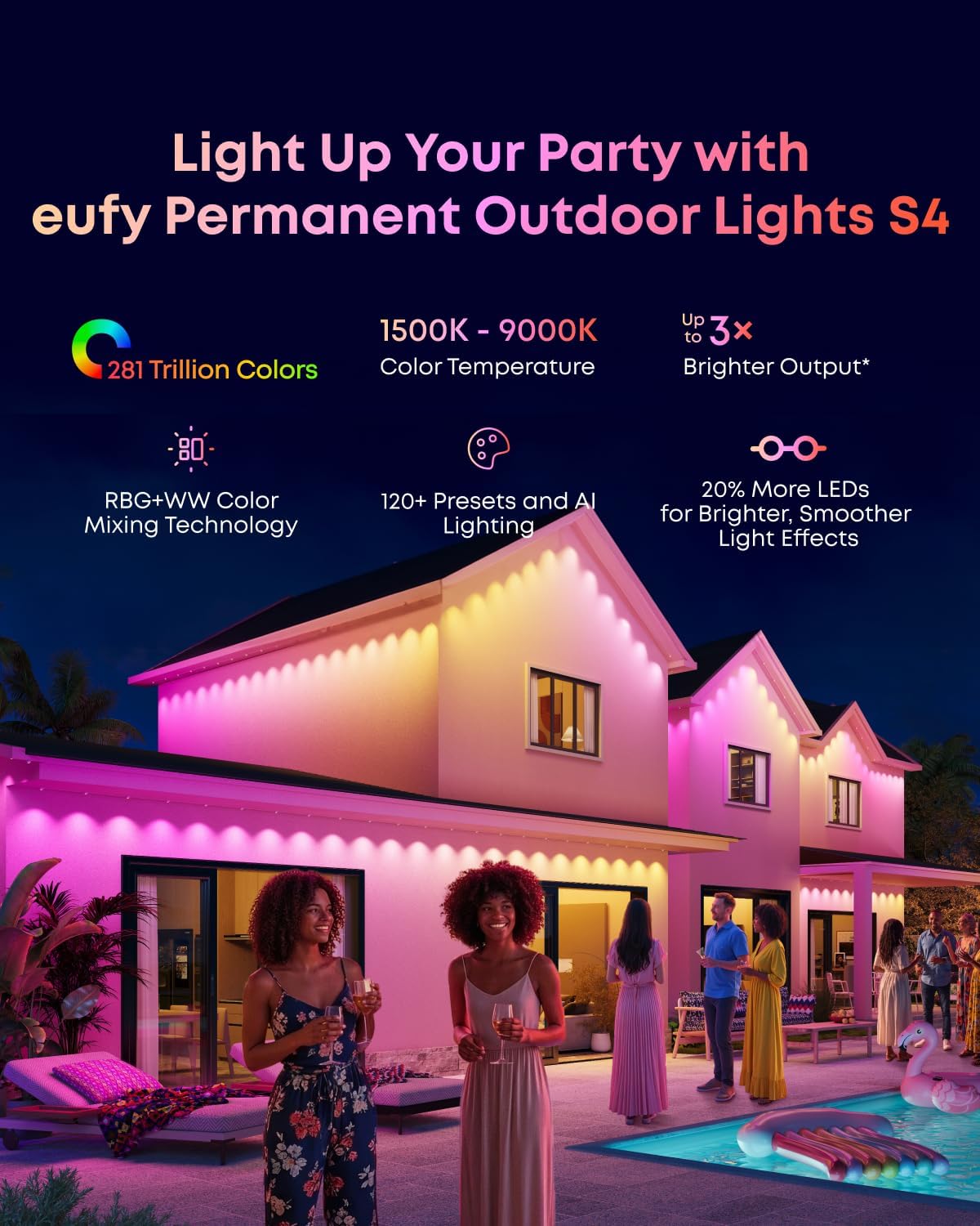 eufy Permanent Outdoor Lights S4, Radar-Activated, 100ft with 72 RGBWW LED String Lights for Daily, Accent and Christmas Decorations, AI Themes, Work Cams, Matter Support, IP67 Waterproof