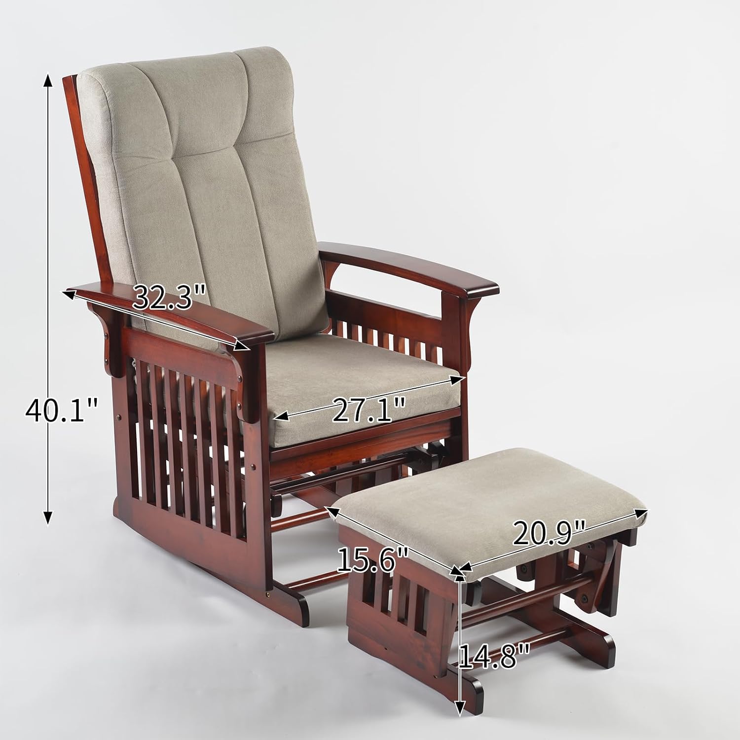 Rustic Glider Chair for Nursery with Ottoman, Resistant Rubber Wood Nursery Glider and Ottoman Sets for Relaxing, Rocking Chair for Living Room Bedroom, (Brown)