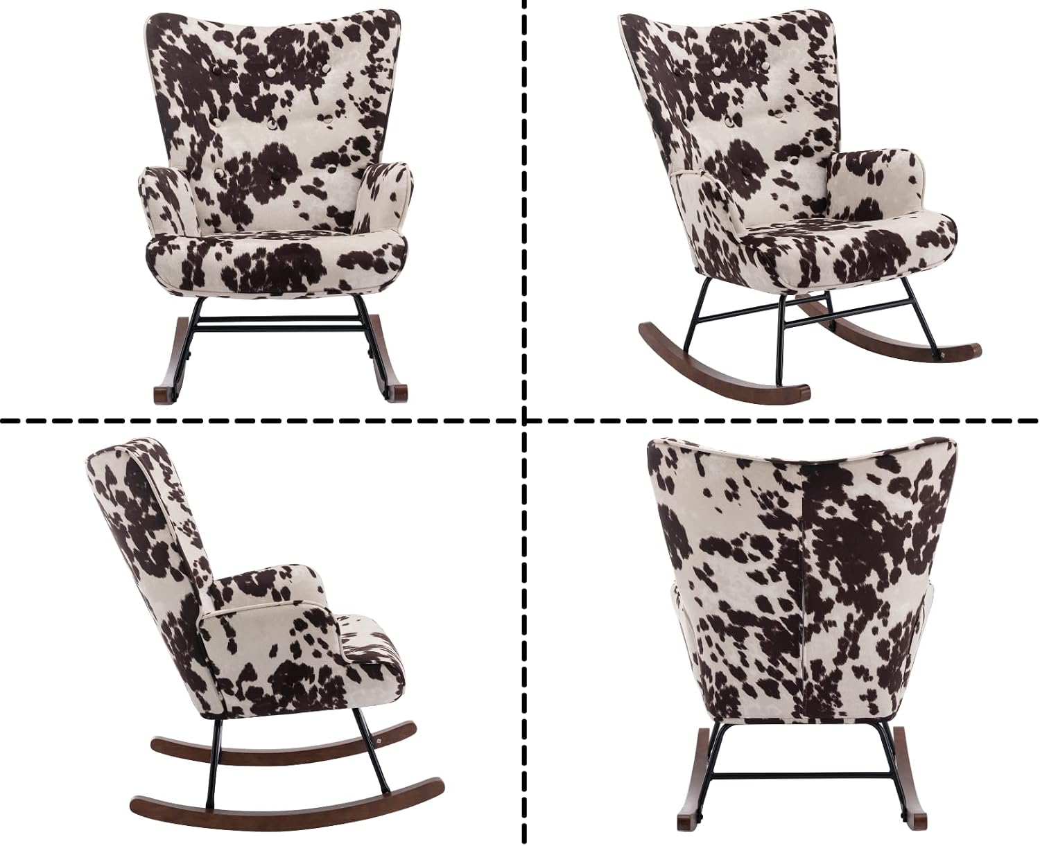Shunzhi Modern Nursery Rocking Chair with Armrest, Upholstered Lazy Chair Tufted Side Chair Padded Reading Chair Comfy Club Chair Accent Chair for Living Room Bedroom Office Small Spaces, Cow