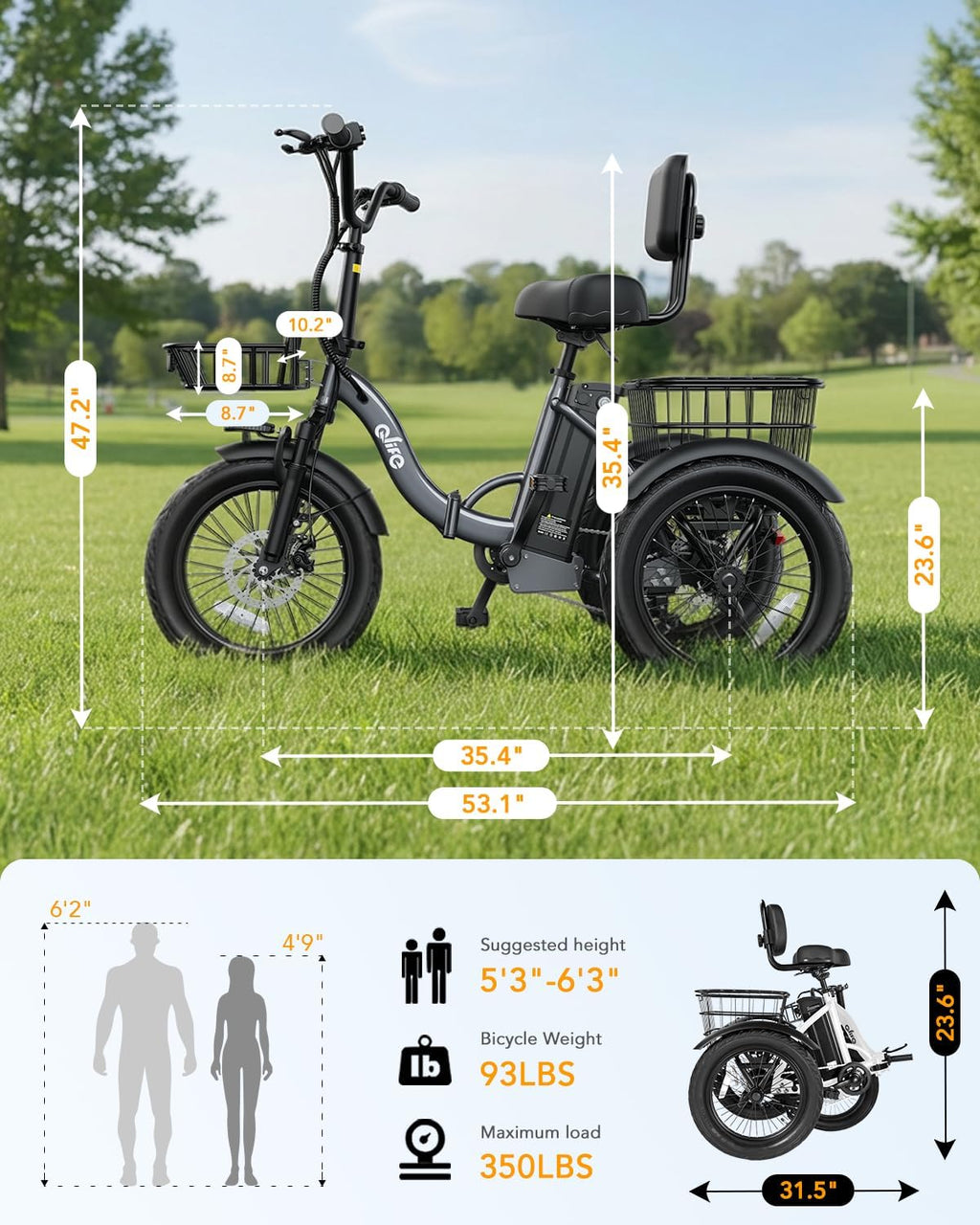 Qlife Triker Electric Bike, Peak 1200W Brushless Motor Folding Trike Ebike, 499Wh Removable Battery, Step-Thru 3 Wheel Electric Bicycle, Up to 55 Miles, 18 Tire Tricycle for Adults