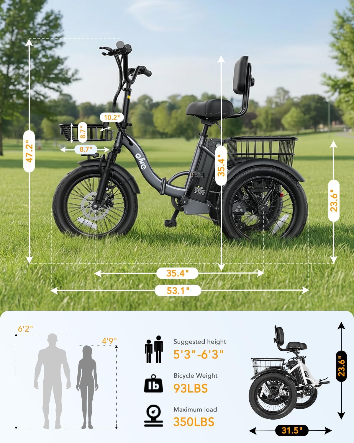 Qlife Triker Electric Bike, Peak 1200W Brushless Motor Folding Trike Ebike, 499Wh Removable Battery, Step-Thru 3 Wheel Electric Bicycle, Up to 55 Miles, 18 Tire Tricycle for Adults