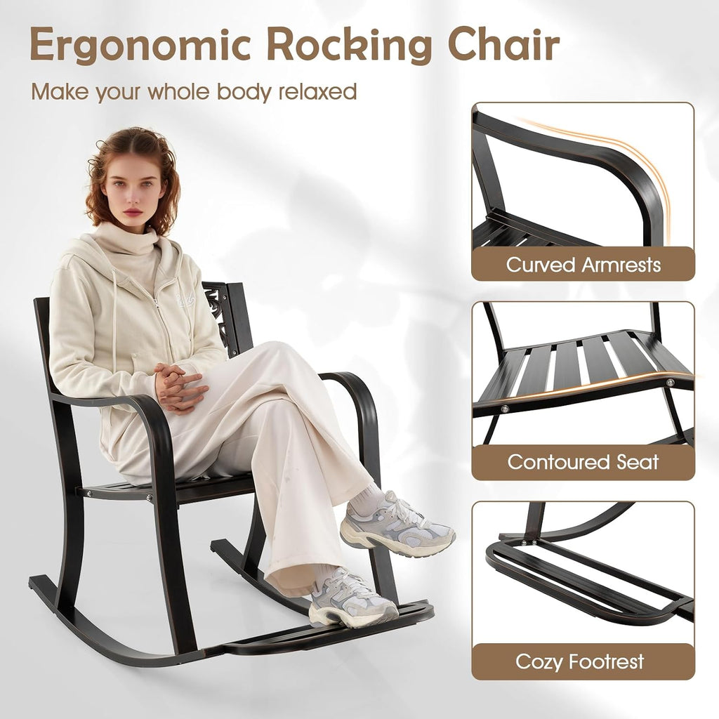 Giantex Patio Rocking Chair, Outdoor Cast Aluminum Rocker w/Footrest, Backrest & Curved Armrests, Heavy-Duty Metal Classic Rocking Leisure Seat for Backyard, Poolside, Balcony (Antique Brown,1)