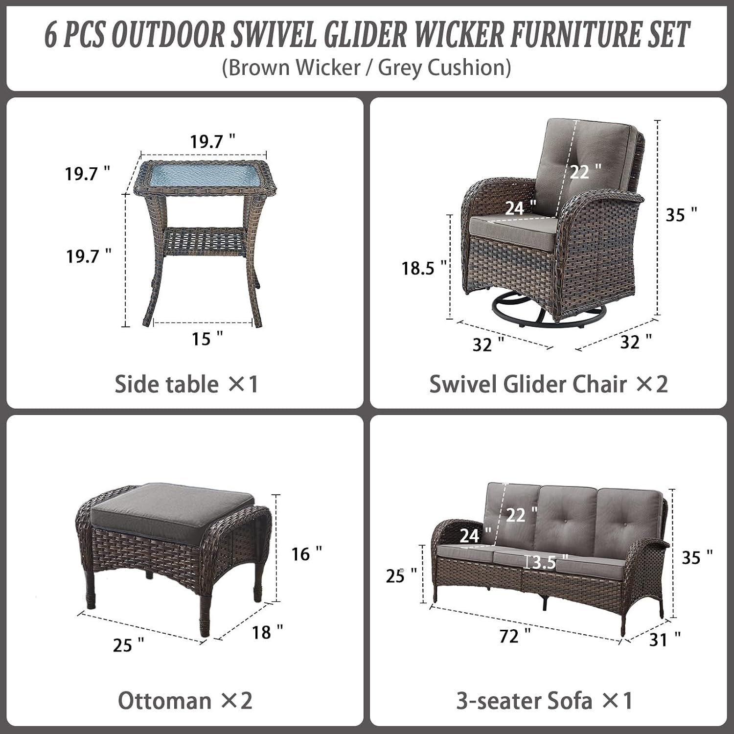 Belord 6 Piece Patio Conversation Sets - Wicker Patio Furniture Sets with Outdoor Swivel Rocker Chairs Outdoor Couch Perfect for Deck Patio Backyard, Brown Wicker Grey Cushion
