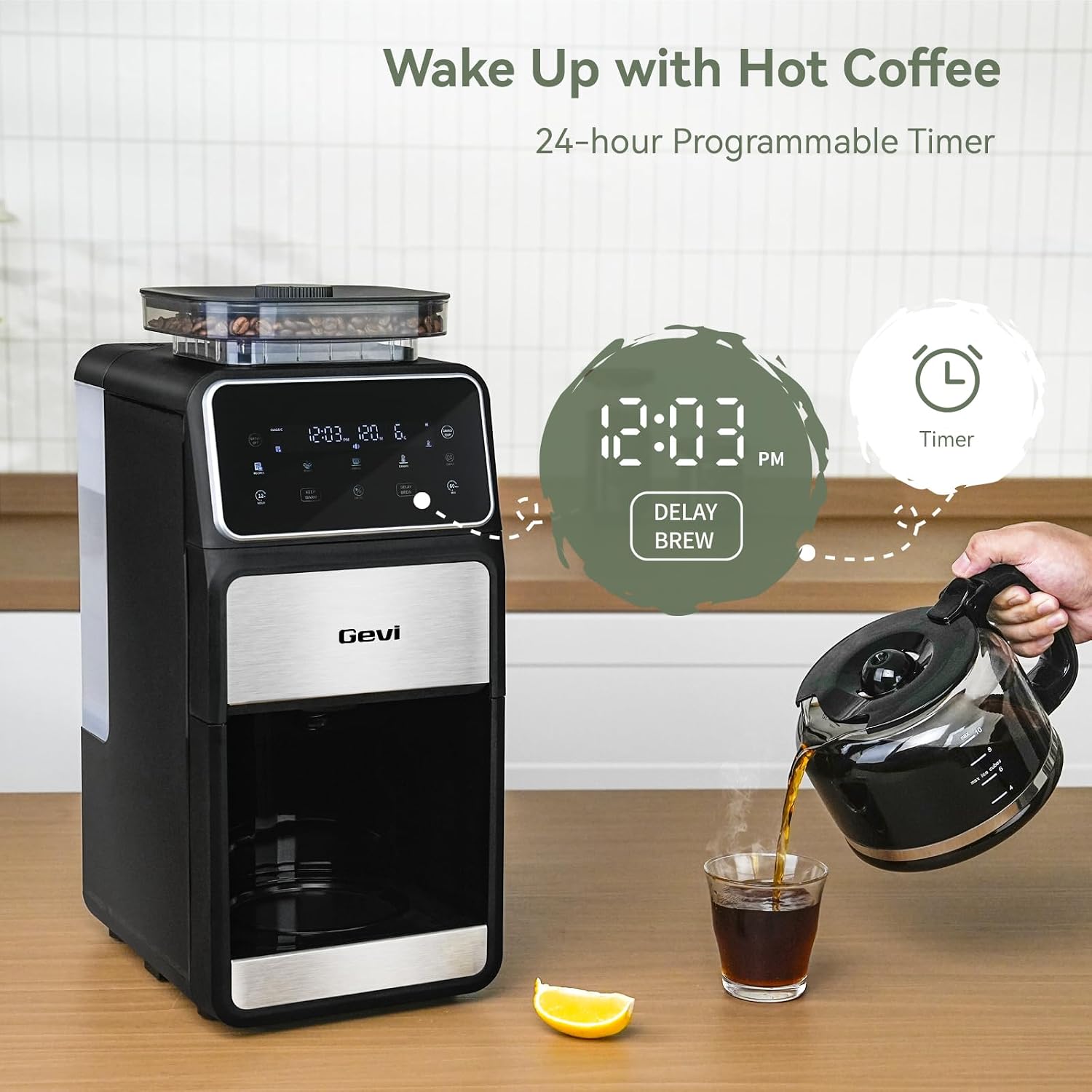 Gevi Grind & Brew Coffee Maker 10 Cup, Built-In Burr Grinder Drip Coffee Machine, Programmable Touch Screen, 4-Hour Warm Plate, Permanent Filter & Glass Carafe