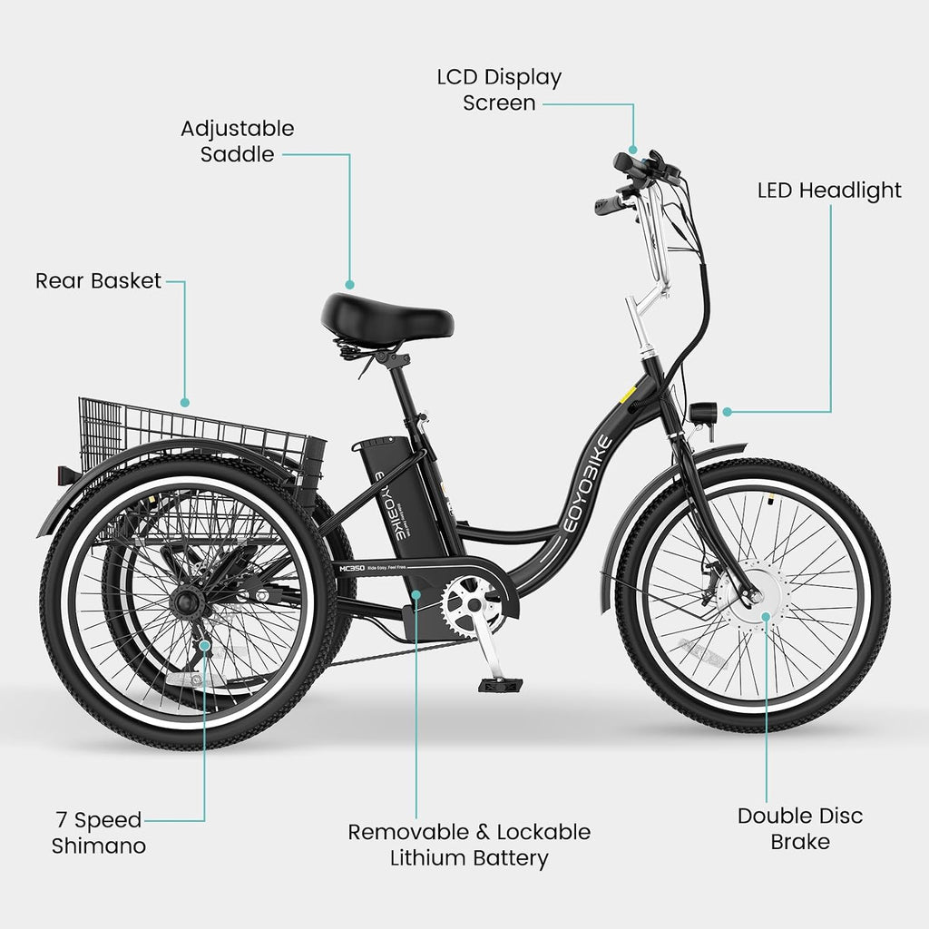 Electric Tricycle for Adults Seniors, 24/26 Inch 3 Wheel E-Trike, 350W Motor (700W Peak), Removable 36V Battery, Up to 15.5MPH, 25-60Mile Range, Low Step-Through, Rear Basket, 350lbs Capacity, 7 Speed