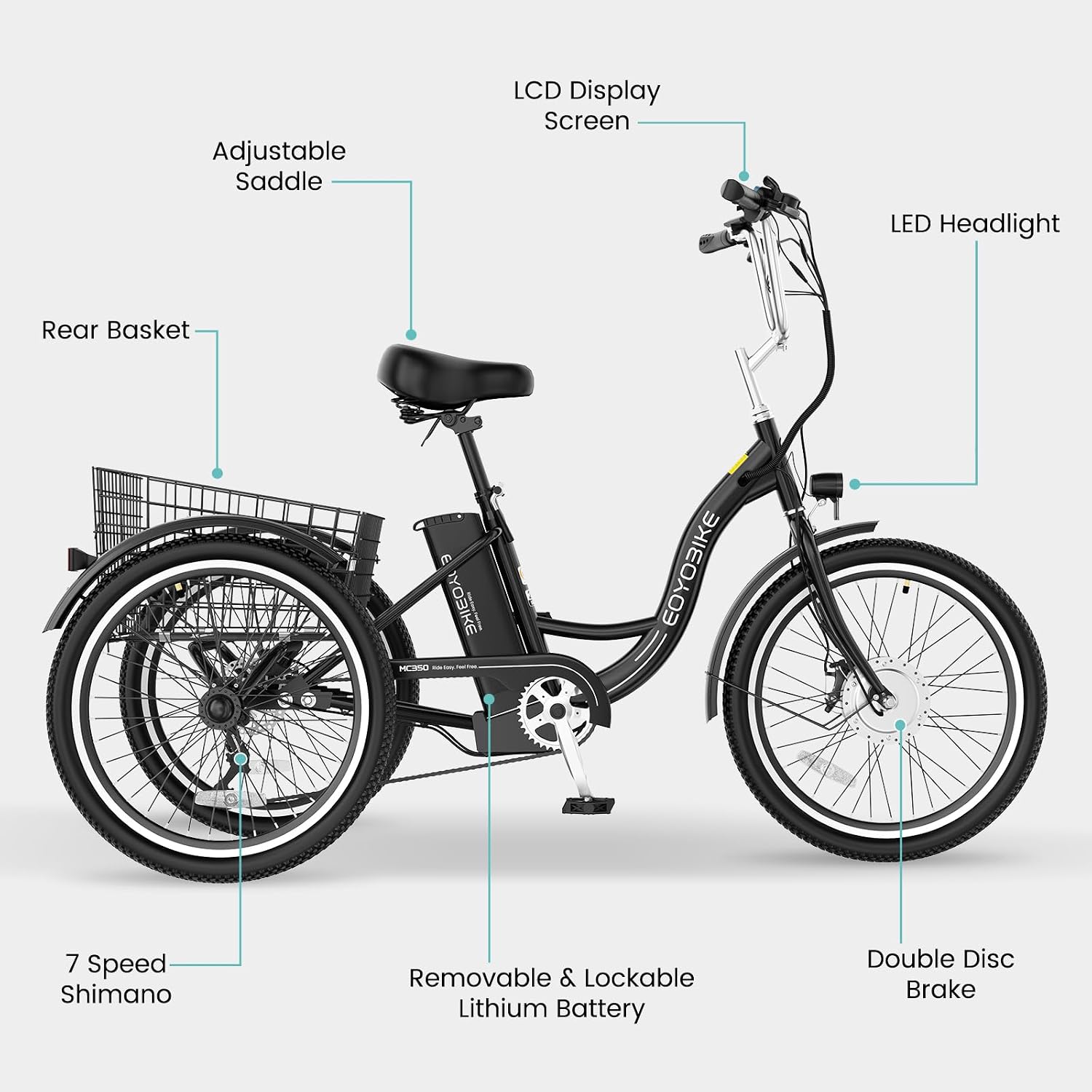 Electric Tricycle for Adults Seniors, 24/26 Inch 3 Wheel E-Trike, 350W Motor (700W Peak), Removable 36V Battery, Up to 15.5MPH, 25-60Mile Range, Low Step-Through, Rear Basket, 350lbs Capacity, 7 Speed