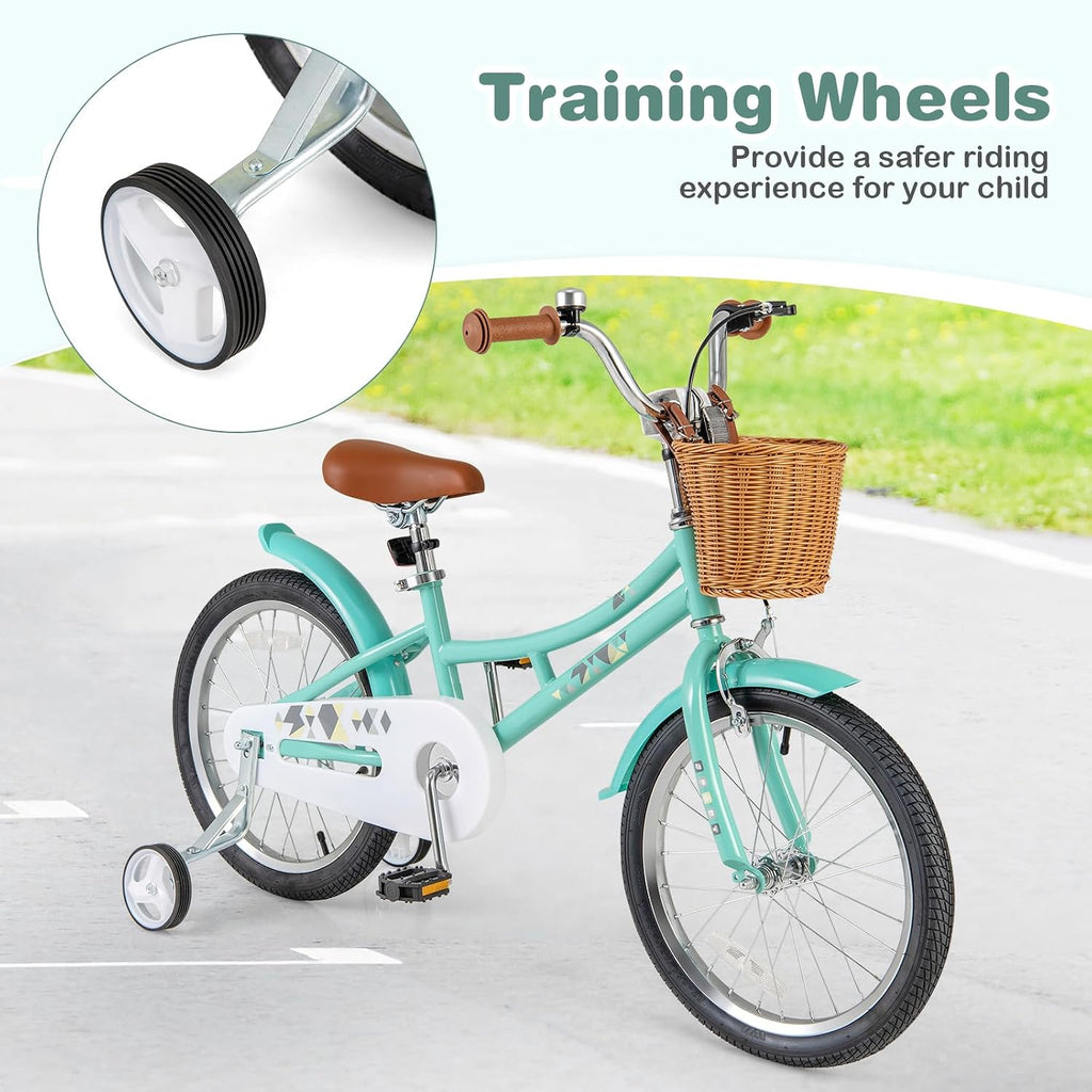 BABY JOY Retro Kids Bike, 12 14 16 18 Inch Child Bike for 3-8 Years Old w/Rattan Basket, Adjustable Height, Training Wheels, Fenders, Handbrake Coaster Brake, 95% Pre-Assembled Kids Bicycle for Girls