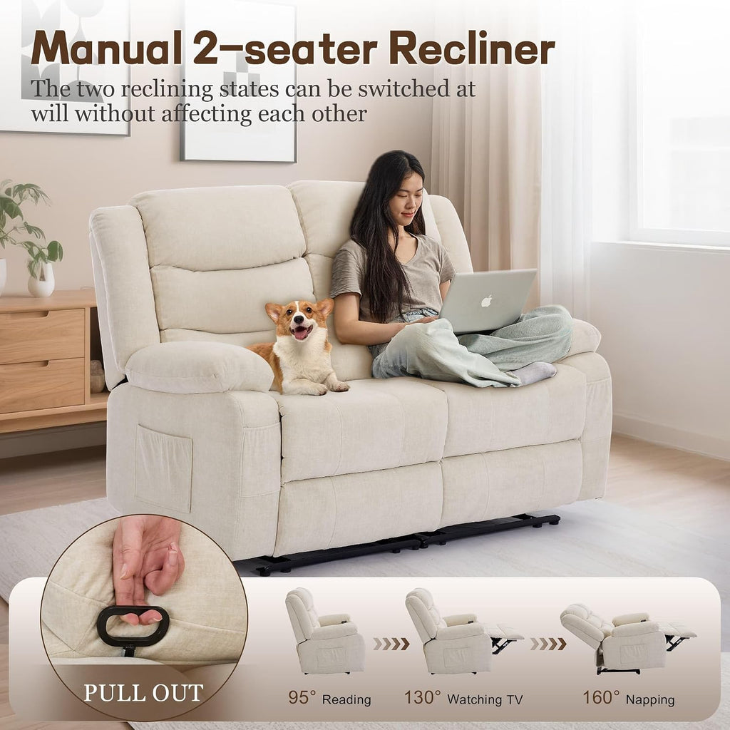 Korser Loveseat Recliner Sofa for RV Furniture and Theater Seating, Wall Hugger Loveseat Recliner, Oversized Loveseats Couch with Front Porckets&Side Pockets, Fabric, Beige