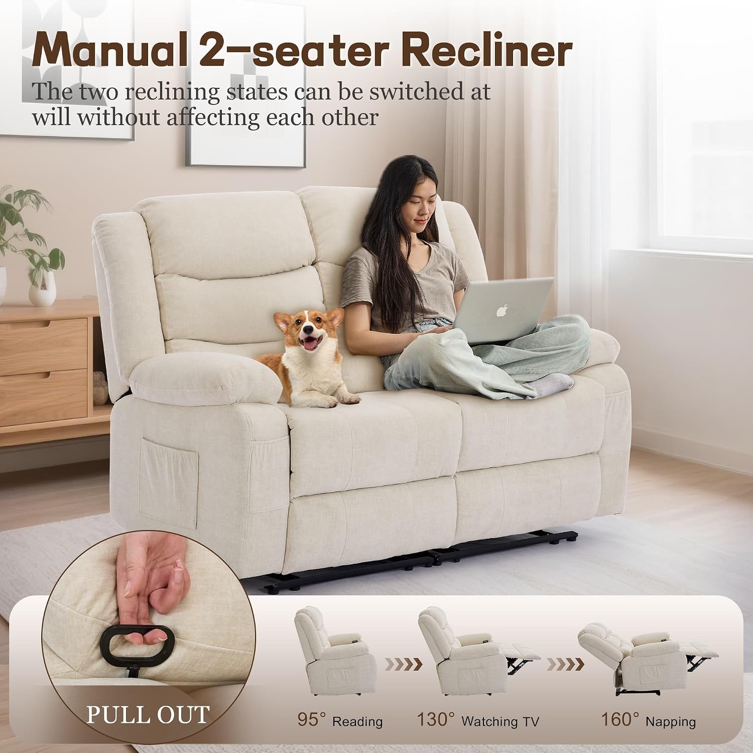 Korser Loveseat Recliner Sofa for RV Furniture and Theater Seating, Wall Hugger Loveseat Recliner, Oversized Loveseats Couch with Front Porckets&Side Pockets, Fabric, Beige