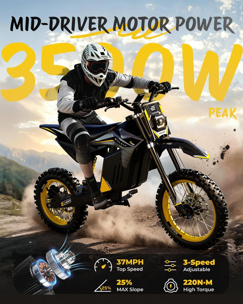 3500W Peak Electric Dirt Bike for Teens & Adults, 37MPH Electric Off-Road E-Bike with 48V 21Ah Battery, Up to 55 Miles Range, Dual Suspension, Hydraulic Brakes, 400LBS Load, Fit Age 13+