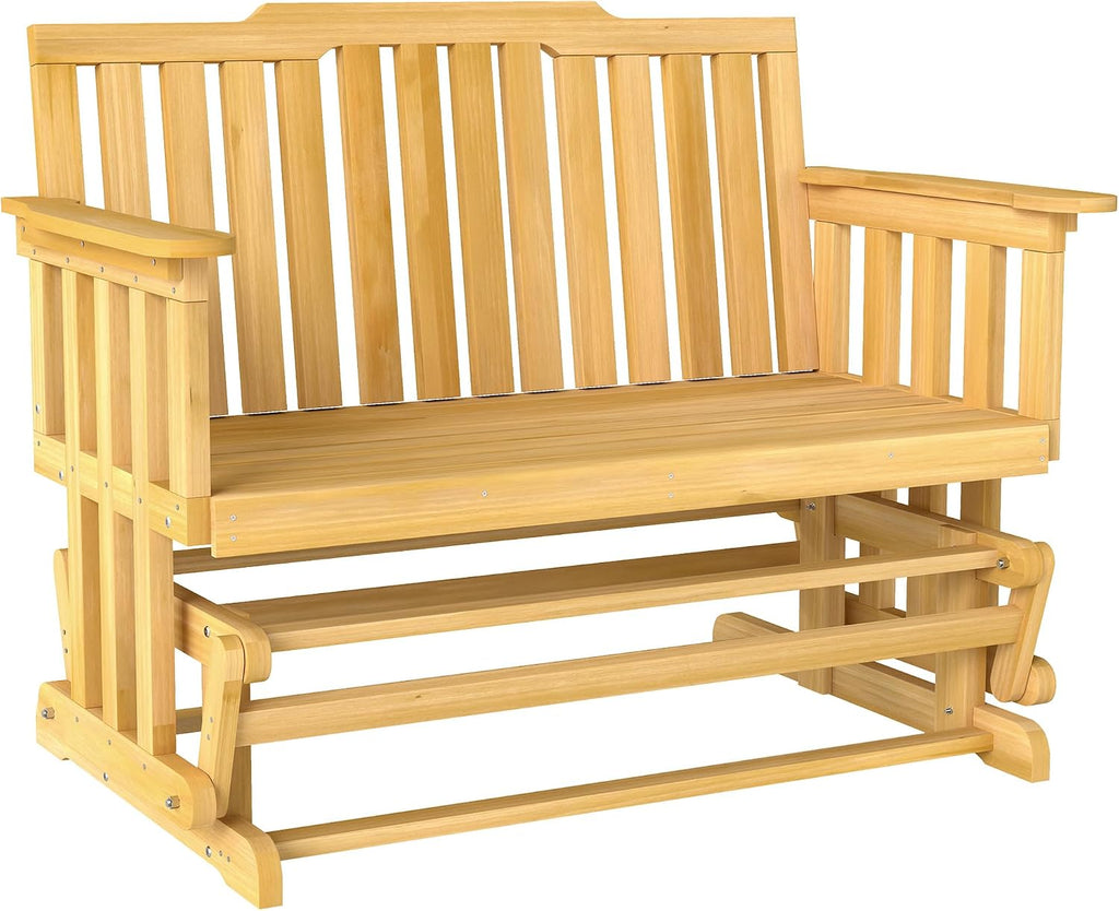Outsunny 2-Person Patio Swing Glider Bench with Quick Drying Design and Wide Armrest, Wood Rocking Chair Loveseat for Backyard Garden Porch, Natural