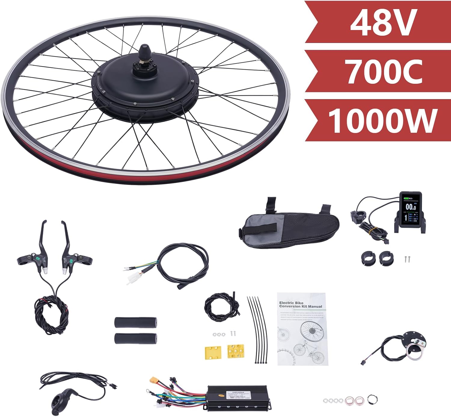 48V 1000W Electric Bicycle Motor Kit Front Wheel, E-Bike Hub Motor Kit Powerful Motor Electric Bicycle w/Display