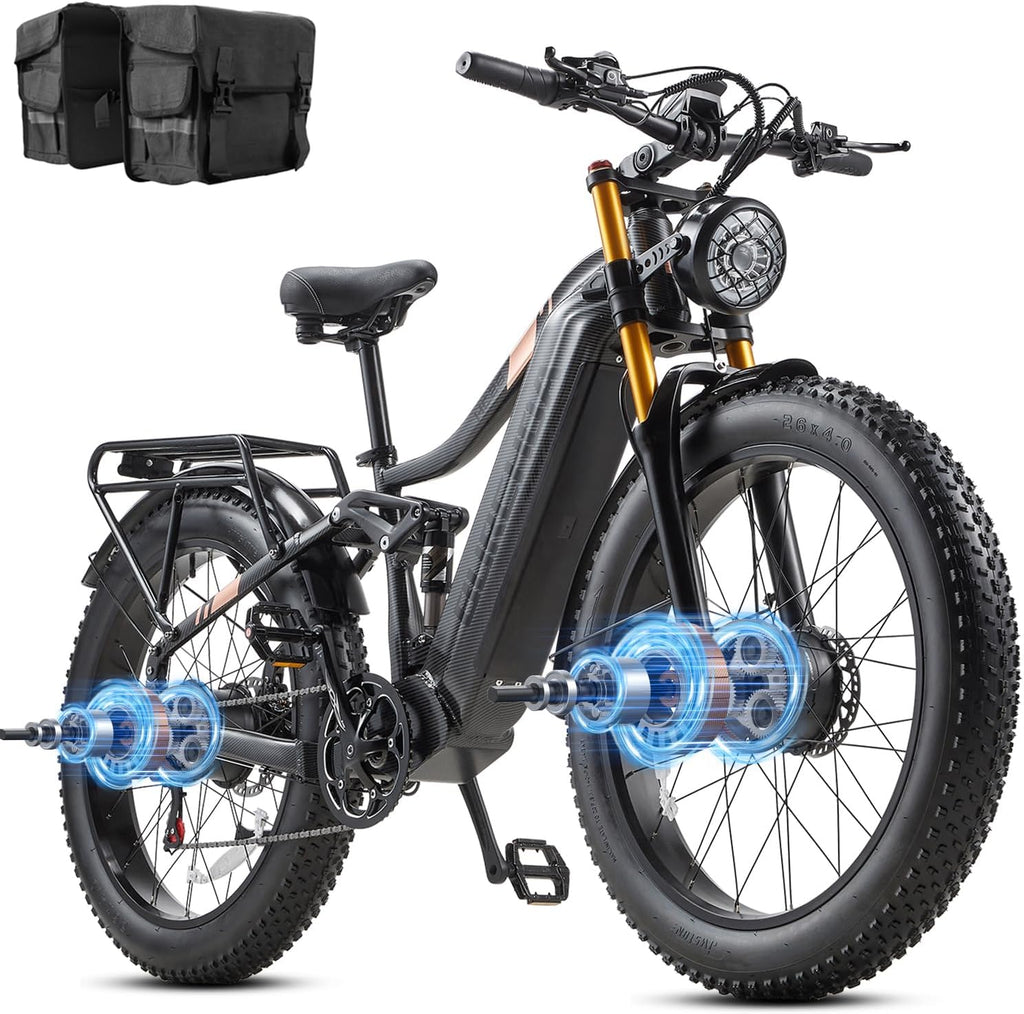 2026 Dual Motor Electric Bike for Adults AWD 5000W/3000W Peak 40 MPH/30 MPH E Dirt Bike, 52V/48V Removable Battery 65/80/150 Miles Max Long Range with Full Suspension 26' Fat Tires Mountain Bike