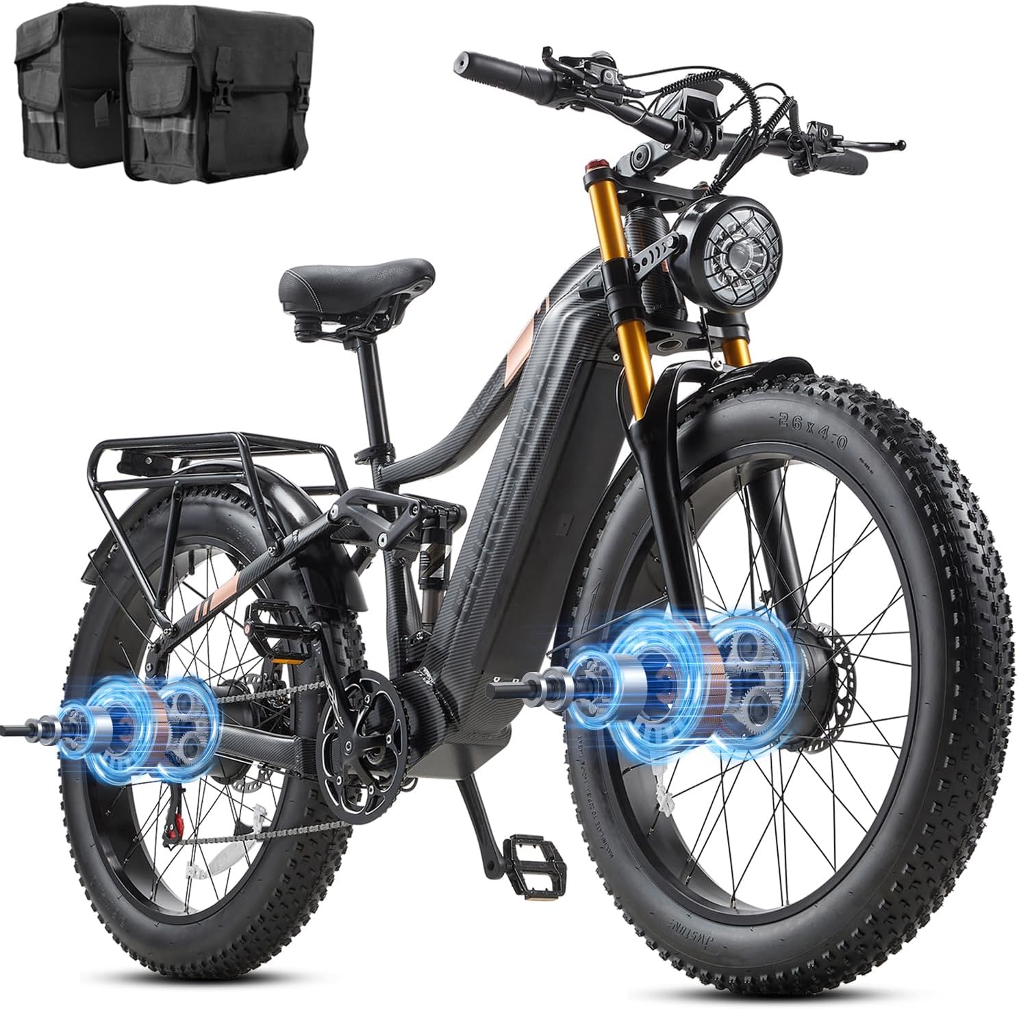 2026 Dual Motor Electric Bike for Adults AWD 5000W/3000W Peak 40 MPH/30 MPH E Dirt Bike, 52V/48V Removable Battery 65/80/150 Miles Max Long Range with Full Suspension 26' Fat Tires Mountain Bike