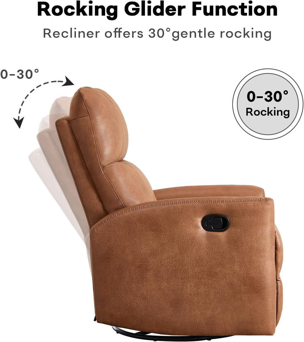 HAOMARKETS Swivel Rocker Recliner Chair, Manual Faux Leather Glider Rocking Recliners for Adults, 360° Swivel Nursery Reclining Sofa with Padded Backrest for Living Room, Dark Brown