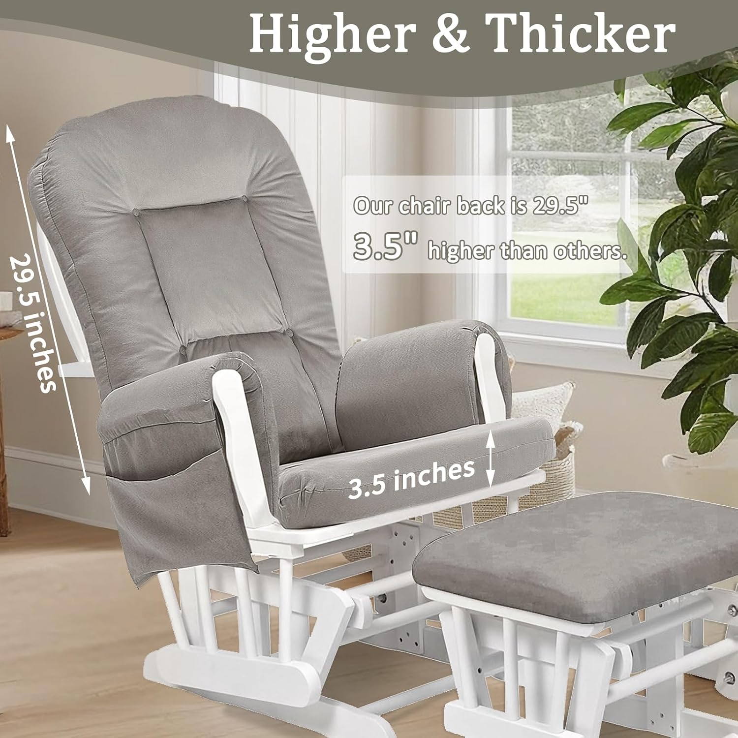 BECHAEO 5PCS Velvet Glider Rocker Replacement Cushions with Ottoman Cover Soft Thicken Rocking Chair Cushion Set for Indoor Nursery Glider Rocking Chair, Greige