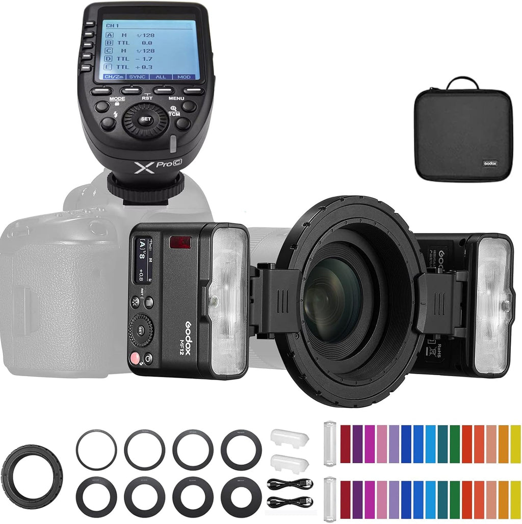 Godox MF12 MF12-K2 Macro Flash w/Xpro-C Trigger Off-Camera TTL Flash Speedlite 12W, 2.4G Wireless Control, TTL/M Mode, Built-in 3.7V/6.29W Lithium Battery, Compatible with Canon