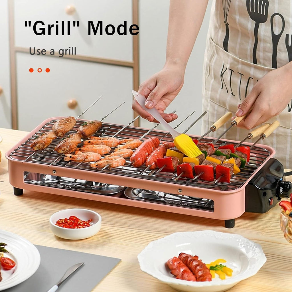 Smokeless Table Grill, Electric BBQ Grill 1500 W for Indoor Outdoor Use, Electric Table Top Griddle, Non-Stick Coating Grill Surface 42.5x20.5 cm, Removable Grease Tray, for Festival Party,Pink