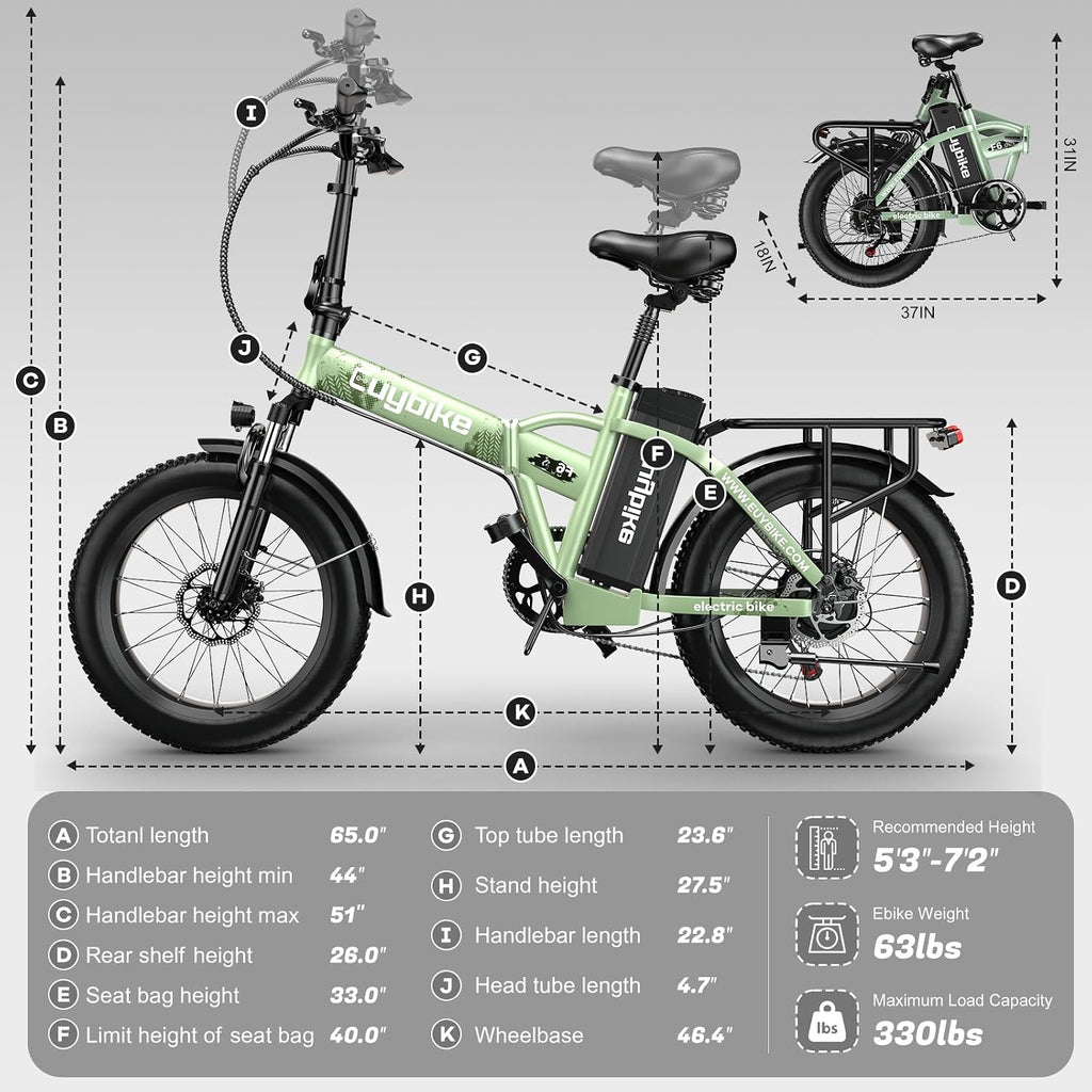 Foldable Electric Bike for Adults, 30+MPH, 48V 20Ah Removable Battery up to 80Miles, 20' Fat Tire 1000W Peak Dirt Ebike Adult Electric Bicycle for Commute Beach Mountain Flat Tube E Bike Green