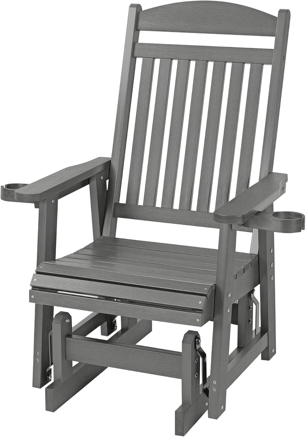 Poly Lumber Patio Glider for One Person, with Cup Holders, High Backrest and Deep Contoured Seat, HIPS Material, All-Weather Resistant, Heavy Duty 700 LBS (Gray)