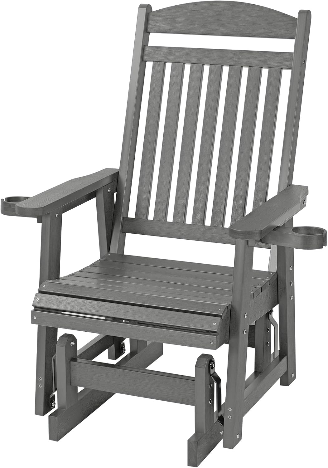 Poly Lumber Patio Glider for One Person, with Cup Holders, High Backrest and Deep Contoured Seat, HIPS Material, All-Weather Resistant, Heavy Duty 700 LBS (Gray)