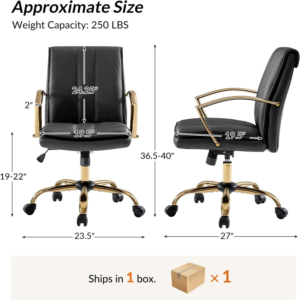 HULALA HOME Genuine Leather Home Office Desk Chair, Adjustable Swivel Computer Chair with Golden Legs and Arms, Comfy Upholstered Task Chair, Black