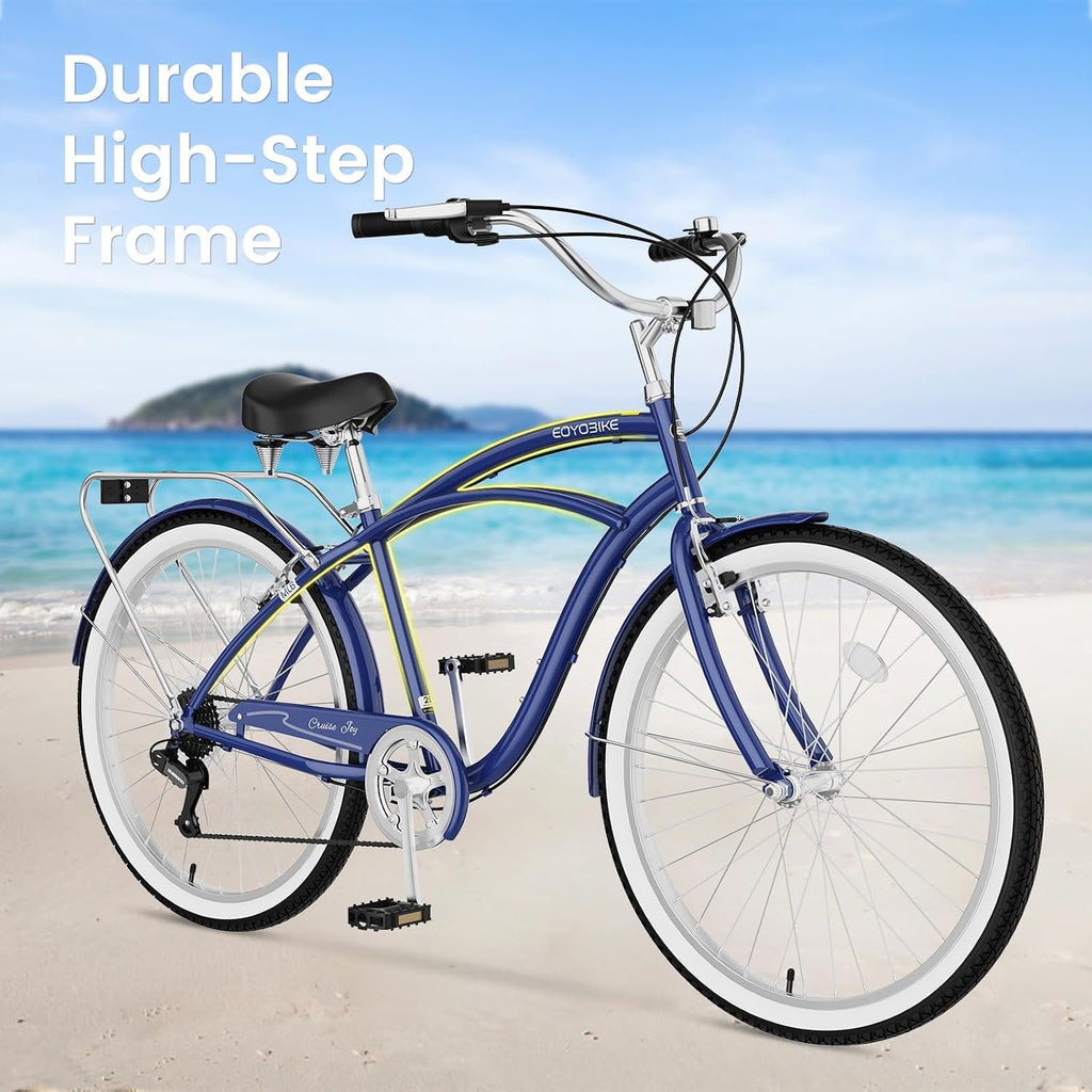 Cruiser Bike for Adults, 7-Speed Beach Cruiser Bicycle, 24/26 Inch Step-Through or High-Bar Frame, Comfort City Commuter Bike with Rear Rack, Fenders, Wide Saddle for Women & Men
