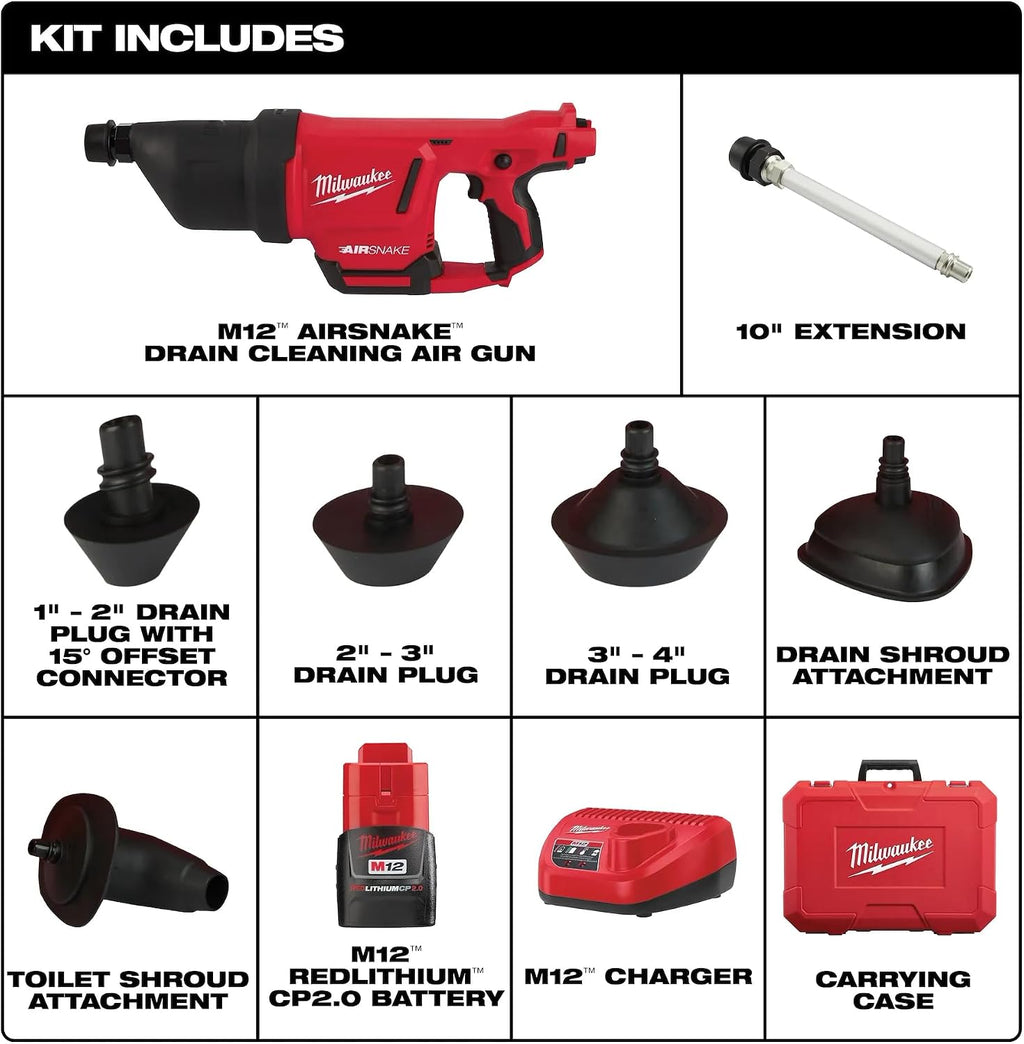 Milwaukee Electric - M12 AIRSNAKE Drain Cleaning AIR Gun KIT