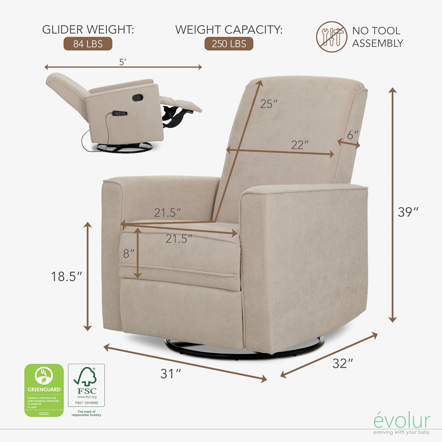 Evolur Raleigh Glider with Massager in Charcoal, Upholstered Plush Seating 360° Swivel Glider Rocking Chair, FSC Certified, Greenguard Gold & JPMA Certified Nursery Glider Recliner