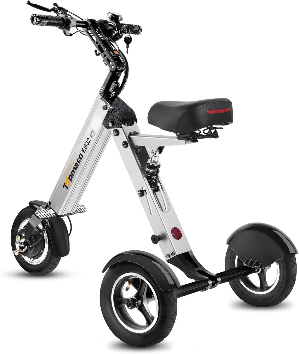 TopMate ES32 Electric Scooter 3 Wheels Foldable with Seat for Adults, Light Weight Mobility with Reverse Function and Key Switch, 10 Inch Pneumatic Tires Scooter