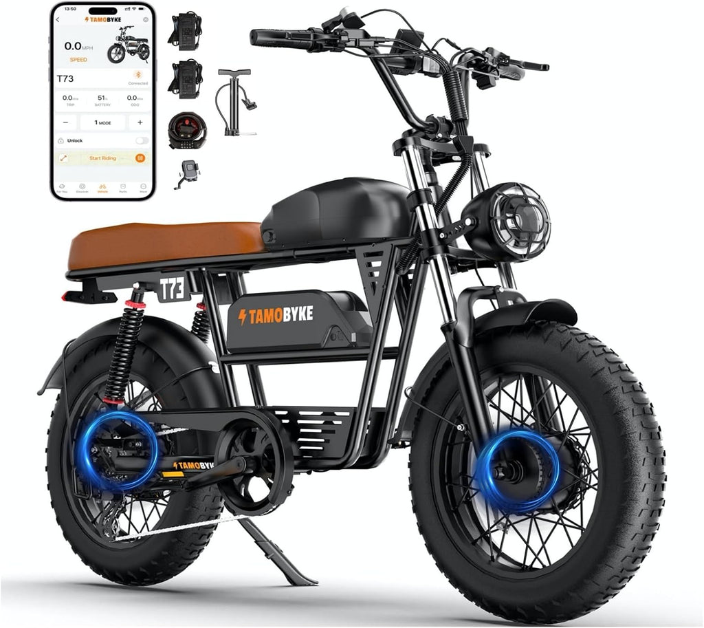 Tamobyke Premium T73 Series Electric Bike for Adults,48V15Ah/36Ah/41Ah Large Battery,1000W/1500W/3000W Powerful Motor, 28/33/37.5Mph Max Speed,20''*4'' Fat Tire E-Bike for Commute/Off-Road. Age 15+.