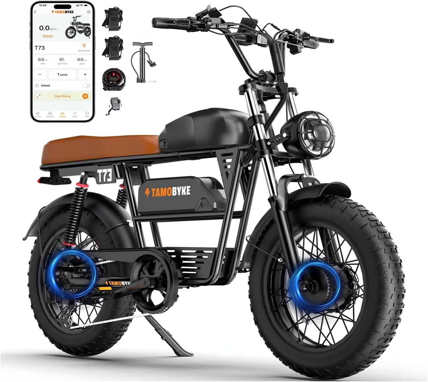 Tamobyke Premium T73 Series Electric Bike for Adults,48V15Ah/36Ah/41Ah Large Battery,1000W/1500W/3000W Powerful Motor, 28/33/37.5Mph Max Speed,20''*4'' Fat Tire E-Bike for Commute/Off-Road. Age 15+.