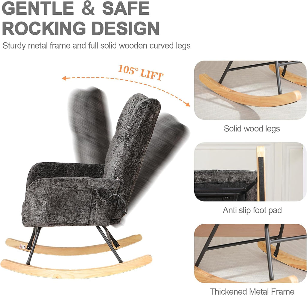 Rocking Chair Nursery with Airbag, Nursery Rocking Reading Chair Indoor, Cozy Upholstered Glider Rocker Chairs with High Backrest for Living Room Bedroom Offices(Chenille, Black)