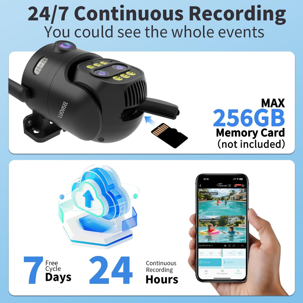 Luovisee 4 Pack Wired Home Camera Outdoor/Indoor with 2K Color Night Vision,AI Human Auto Zoom and Tracking,Pan-Tilt 360° View,Two-Way Audio,Triple-Lens 2.4G/5G WiFi,24/7 Recording,Waterproof