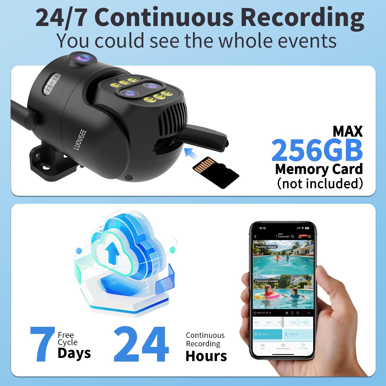 Luovisee 4 Pack Wired Home Camera Outdoor/Indoor with 2K Color Night Vision,AI Human Auto Zoom and Tracking,Pan-Tilt 360° View,Two-Way Audio,Triple-Lens 2.4G/5G WiFi,24/7 Recording,Waterproof