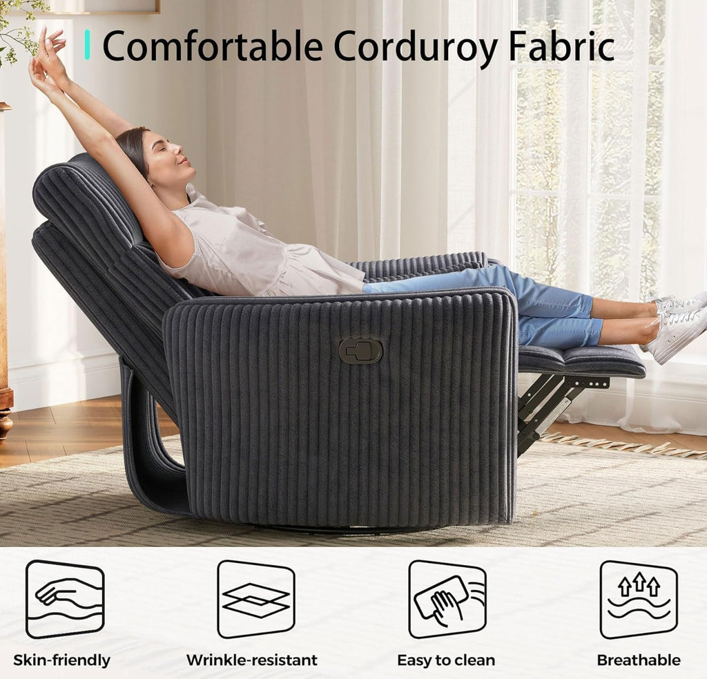 LINSY 360 Swivel Recliner Chair, Nursery Glider Rocking Chair with 2 Pillows, Corduroy Nursing Chair Comfy High Back Adult Rocker Recliner for Small Spaces, Nursery Bedroom Living Room (Gray)